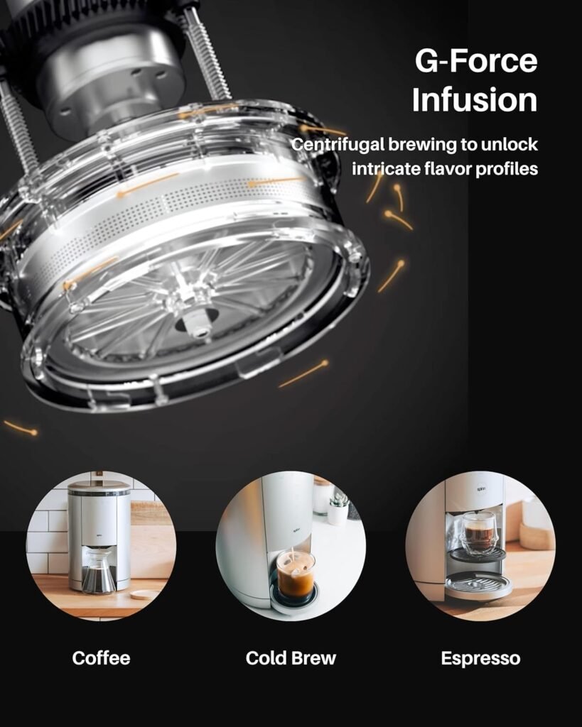 G-Force Infusion technology with a centrifuge brewing mechanism; product images of a coffee machine making coffee, cold brew, and espresso.