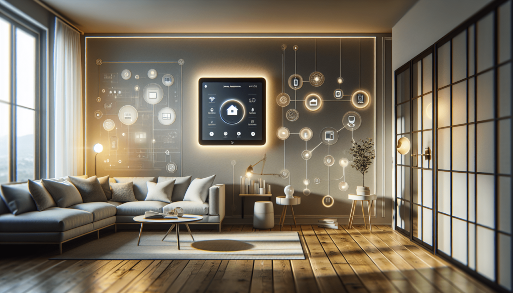 Modern living room with a smart home control panel on the wall, illuminated by ambient lighting. The room features a large grey sectional sofa, a round coffee table, and wooden flooring. Icon diagrams representing smart home functionalities are displayed on the wall.