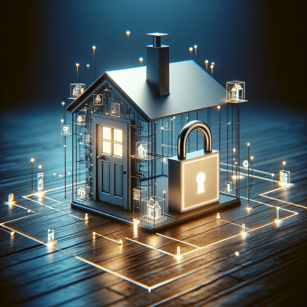 Small house with illuminated lines and digital icons representing smart home security, surrounded by a large padlock.