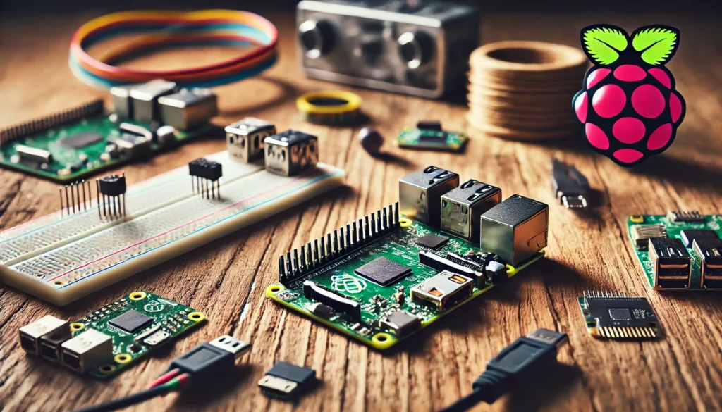 Raspberry Pi with various electronic components, including a breadboard, cables, and microchips, on a wooden table.