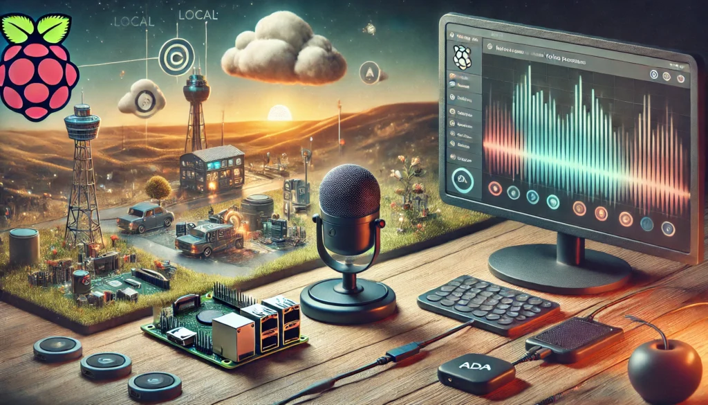 A Raspberry Pi setup on a desk with a microphone, keyboard, and monitor displaying a graphical interface. A miniature landscape with towers, vehicles, and a sunset is integrated into the scene.