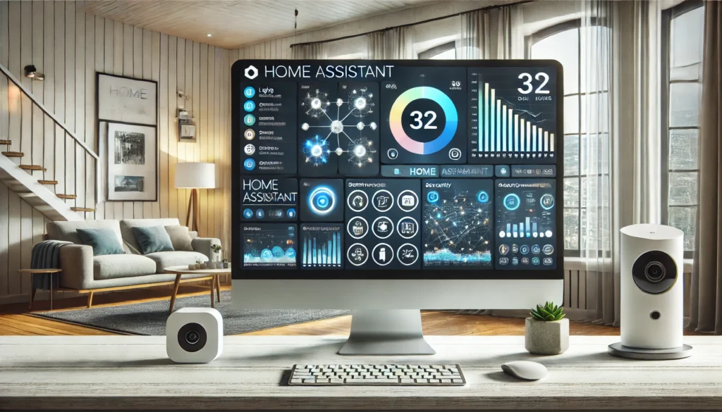 A modern living room featuring a computer monitor displaying a home assistant dashboard, with smart devices and a decorative plant on the desk.