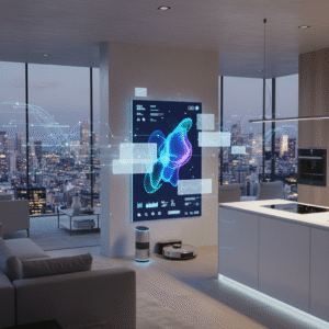 A sleek, modern smart home interior illuminated by soft ambient lighting, featuring a central wall-mounted smart display displaying dynamic AI-driven automation visuals and colorful interface elements. Surrounding the display are futuristic devices like a robotic vacuum, smart speakers, and integrated appliances, all subtly glowing with blue and white hues symbolizing advanced technology. In the background, large panoramic windows reveal a vibrant cityscape at dusk, with hints of digital data streams floating in the air, illustrating the seamless integration of AI in everyday life. The overall scene exudes innovation, sophistication, and the empowering presence of AI technology transforming the home environment. Photorealistic rendering, natural lighting, true-to-life textures.