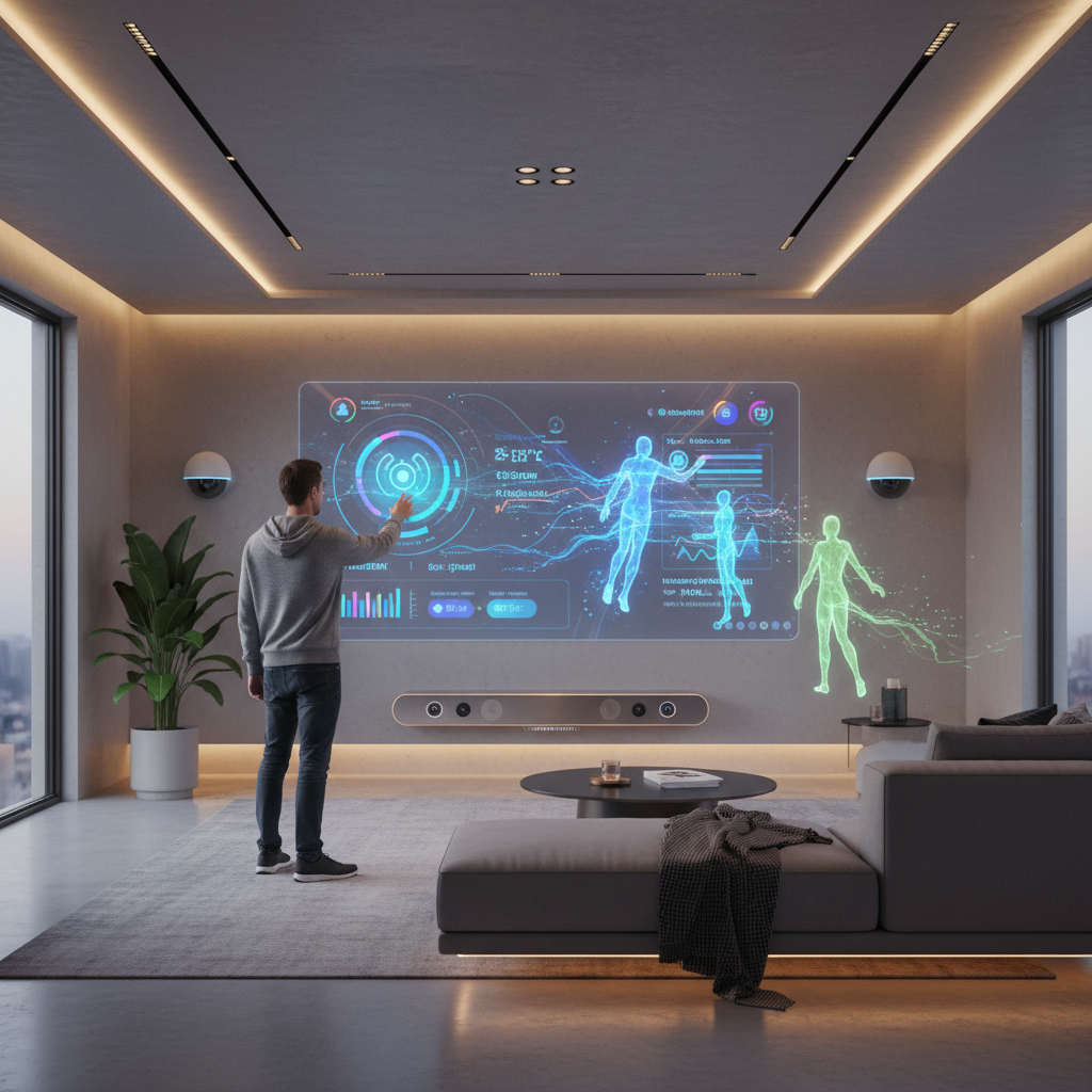 A sleek, modern smart home interior illuminated by warm, ambient lighting, featuring a large central wall-mounted display showcasing a futuristic Home Assistant interface with vibrant AI-driven icons and real-time data visuals. Surrounding the display, a variety of smart devices—like voice-activated speakers, security cameras, and intelligent lighting—interact seamlessly. In the foreground, a person in casual modern clothing gestures towards the interface, with subtle holographic AI assistants subtly emerging from the display, symbolizing advanced automation and intelligent control. The scene exudes innovation, with a tech-savvy, futuristic atmosphere emphasizing the powerful capabilities of AI in smart home management in 2025. Photorealistic rendering, natural lighting, true-to-life textures.