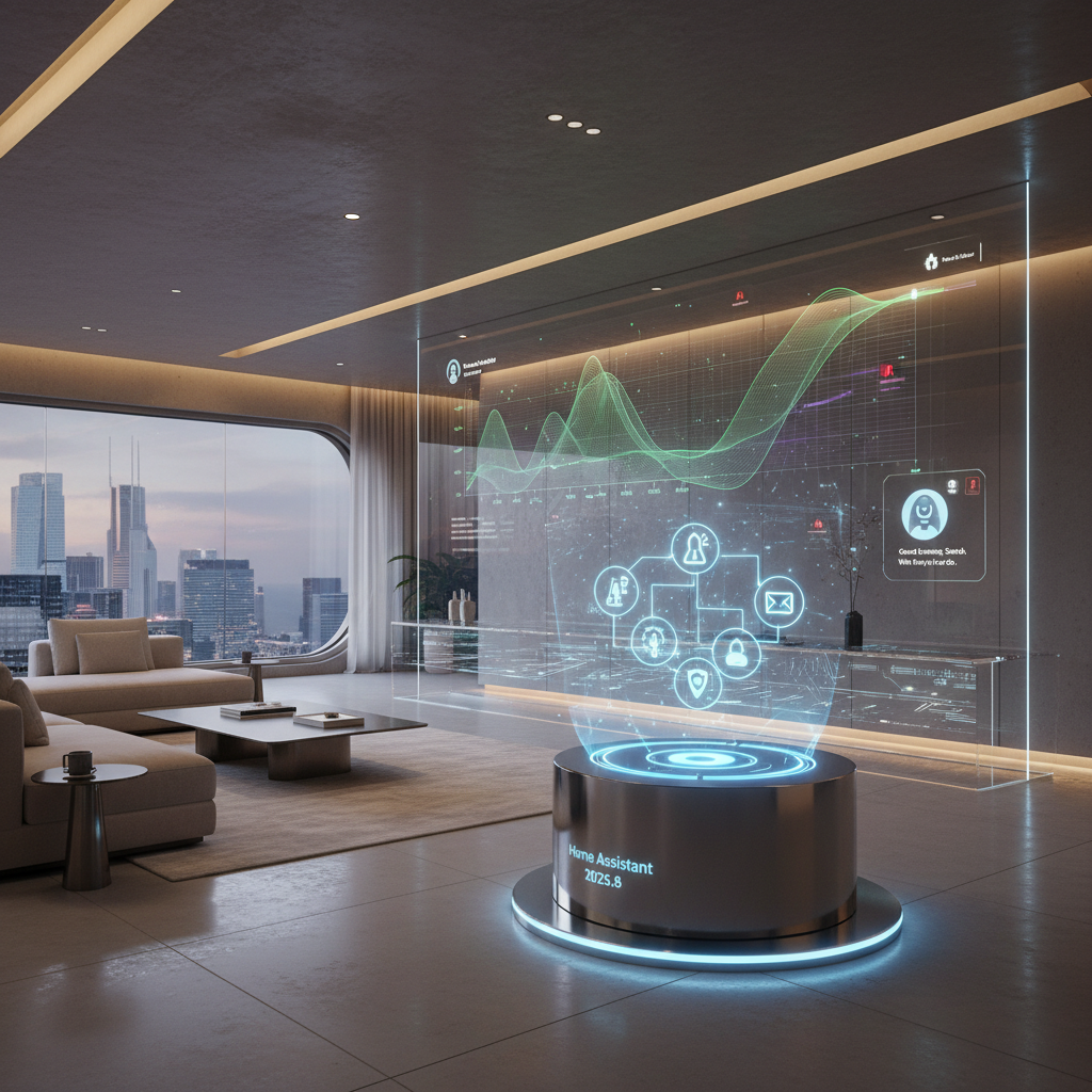A sleek, modern smart home interior bathed in warm ambient lighting, showcasing a high-tech central control panel with holographic interfaces displaying interconnected AI icons and home automation symbols. In the background, a wall-mounted display highlights dynamic AI-driven visuals such as energy management graphs, security alerts, and personalized assistant interactions. The scene emphasizes seamless integration of artificial intelligence into everyday living, with subtle futuristic design elements like transparent touchscreens, glowing circuit patterns, and a sense of innovation and sophistication, all set in a contemporary, inviting environment that symbolizes the empowering capabilities of Home Assistant 2025.8. Photorealistic rendering, natural lighting, true-to-life textures.